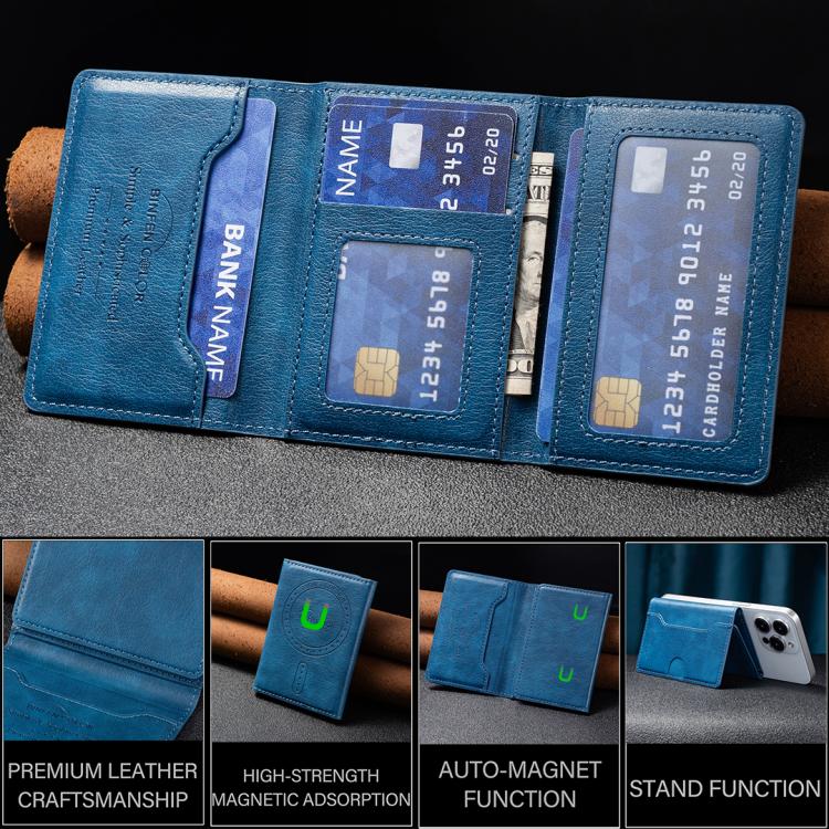 Oily Leather Horizontal Magnetic Wallet Card Bag Case(Blue) - Adhesive Card Holders by buy2fix | Online Shopping UK | buy2fix