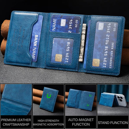 Oily Leather Horizontal Magnetic Wallet Card Bag Case(Blue) - Adhesive Card Holders by buy2fix | Online Shopping UK | buy2fix