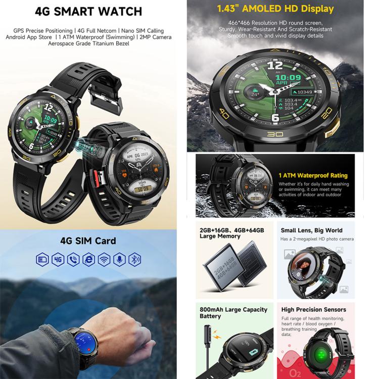 UNIWA DM300 4G Android Watch Phone, 4GB+64GB, 1.43 inc Unisoc SL8541E Quad Core, Support Heart Rate / Blood Oxygen(Black) - Smart Watches by UNIWA | Online Shopping UK | buy2fix