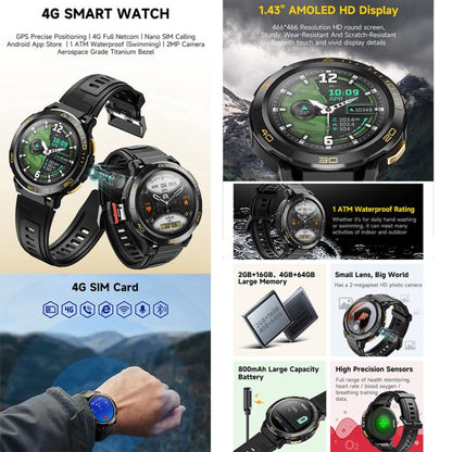 UNIWA DM300 4G Android Watch Phone, 4GB+64GB, 1.43 inc Unisoc SL8541E Quad Core, Support Heart Rate / Blood Oxygen(Black) - Smart Watches by UNIWA | Online Shopping UK | buy2fix