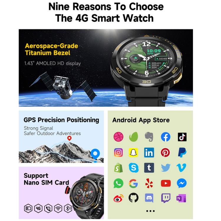 UNIWA DM300 4G Android Watch Phone, 4GB+64GB, 1.43 inc Unisoc SL8541E Quad Core, Support Heart Rate / Blood Oxygen(Black) - Smart Watches by UNIWA | Online Shopping UK | buy2fix