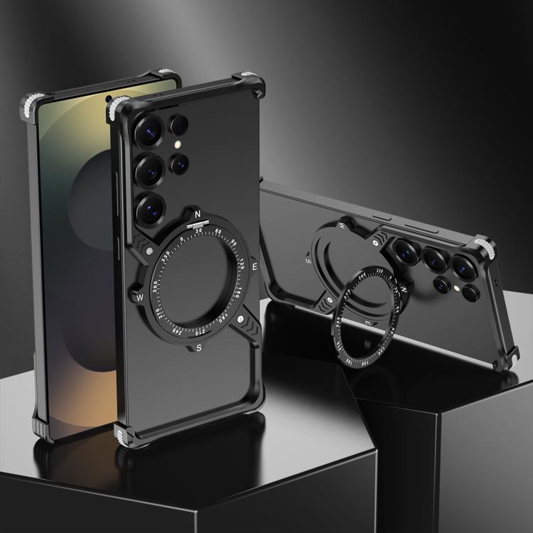 For Samsung Galaxy S22 Ultra 5G S Shaped 360 Holder Airbag Frameless MagSafe Metal Phone Case(Black) - Galaxy S22 Ultra 5G Cases by buy2fix | Online Shopping UK | buy2fix