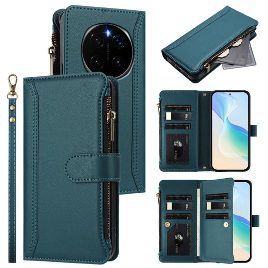 For Honor Magic7 Pro 5G Magnetic Closure 9 Card Slots Zipper Leather Case with Hand Strap(Dark Green)