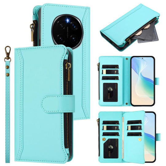 For Honor Magic7 Pro 5G Magnetic Closure 9 Card Slots Zipper Leather Case with Hand Strap(Mint Green)