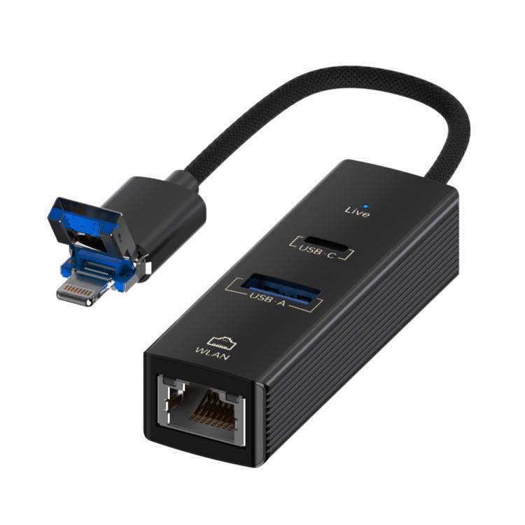 USB / 8 Pin to Type-C RJ45 USB-A HUB Expand Converter(Black) - HUB with Lan adapter by buy2fix | Online Shopping UK | buy2fix