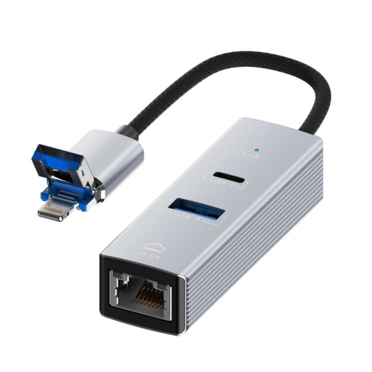 USB / 8 Pin to Type-C RJ45 USB-A HUB Expand Converter(Silver) - HUB with Lan adapter by buy2fix | Online Shopping UK | buy2fix