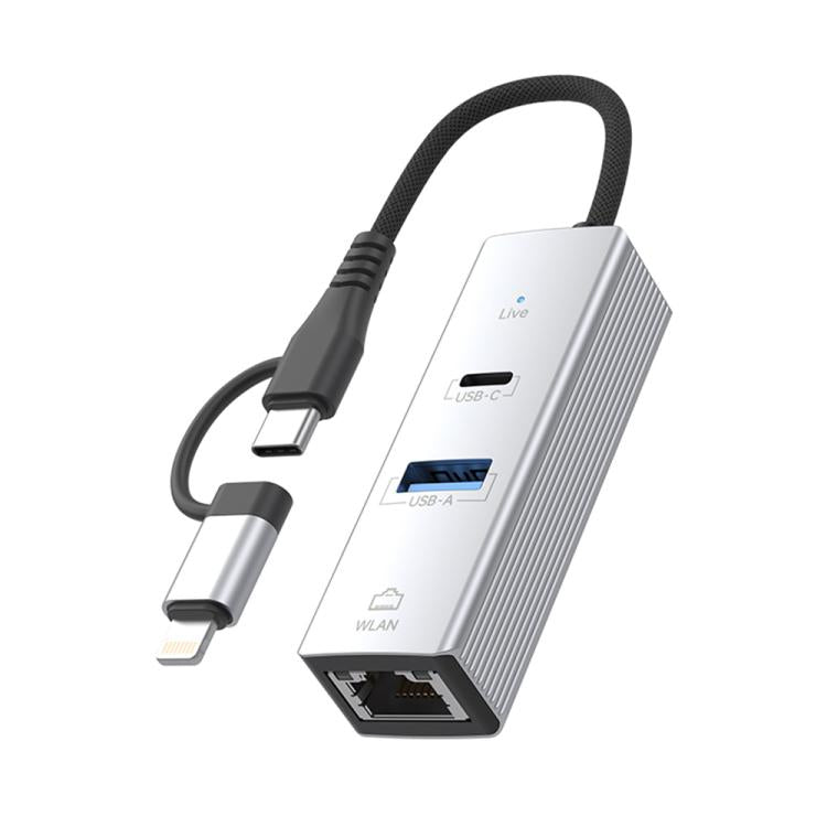 Type-C / 8 Pin to Type-C RJ45 USB-A HUB Expand Converter(Silver) - USB HUB by buy2fix | Online Shopping UK | buy2fix