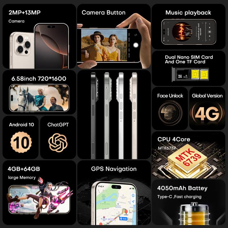 I16 Pro Max / PDQ6, 4GB+64GB, 6.58 inch Android 10 MTK6739 Quad Core, Network: 4G, Dual SIM, Plug:UK Plug(White) -  by buy2fix | Online Shopping UK | buy2fix