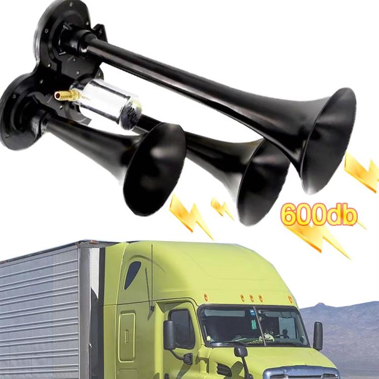 12V / 24V 600dB Car / Truck 3-Trumpet Super Loud Electric Horn, with M6 Air Nozzle and Leather Hose(Black) - Security Alarm System by buy2fix | Online Shopping UK | buy2fix