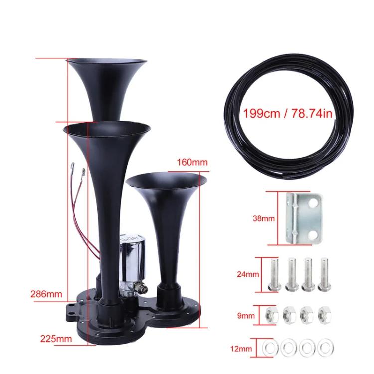 12V / 24V 600dB Car / Truck 3-Trumpet Super Loud Electric Horn, with M6 Air Nozzle and Leather Hose(Black) - Security Alarm System by buy2fix | Online Shopping UK | buy2fix