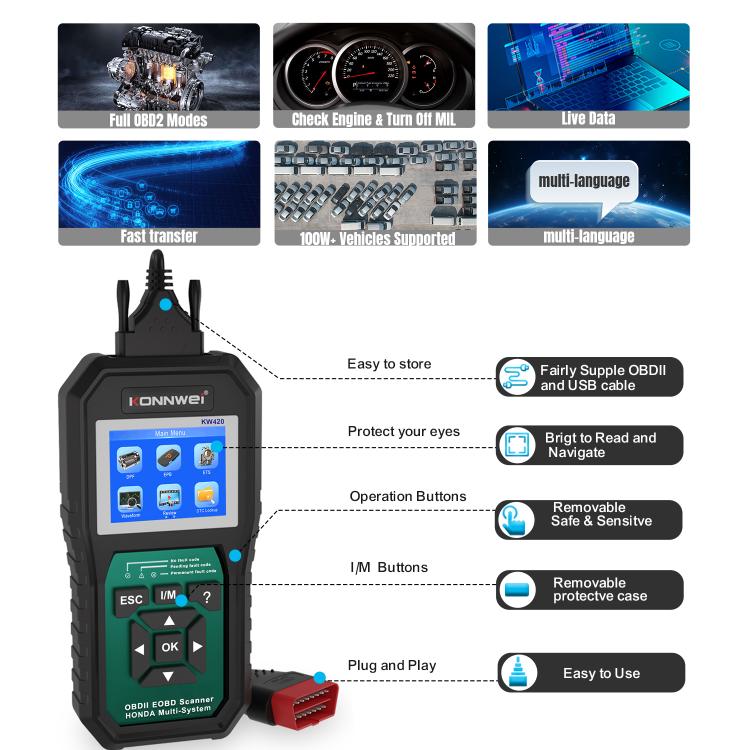 KONNWEI KW420 2.8 inch Color Screen Car OBD2 Fault Diagnostic Scan Tool for Honda(Black Green) - Code Readers & Scan Tools by KONNWEI | Online Shopping UK | buy2fix