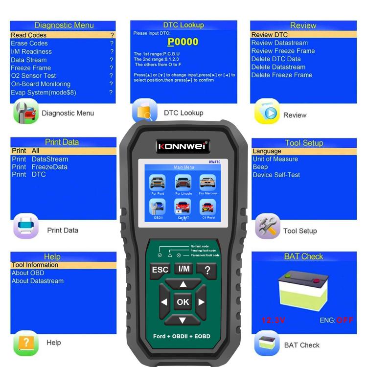 KONNWEI KW470 2.8 inch Color Screen Car OBD2 Fault Diagnostic Scan Tool for Ford(Black Green) - Code Readers & Scan Tools by KONNWEI | Online Shopping UK | buy2fix