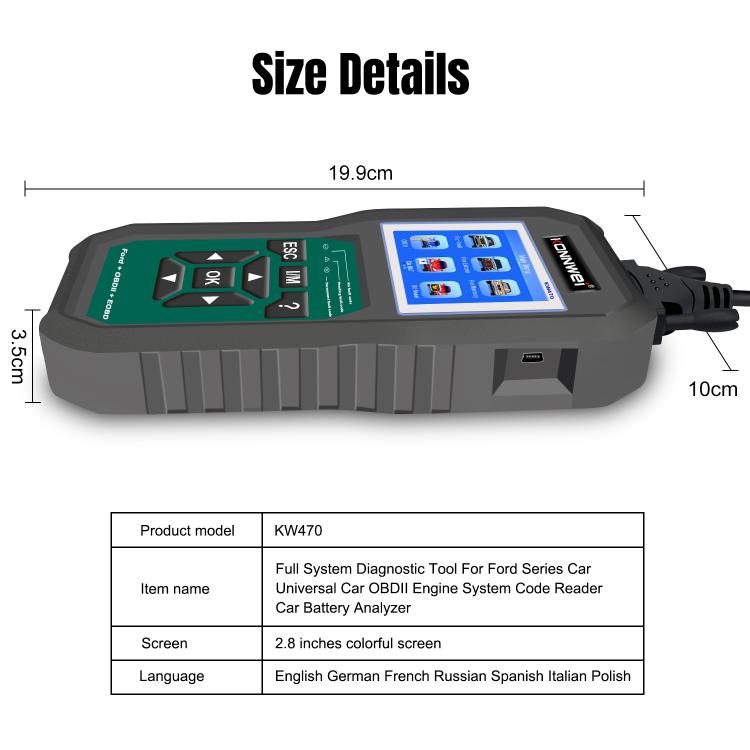 KONNWEI KW470 2.8 inch Color Screen Car OBD2 Fault Diagnostic Scan Tool for Ford(Black Green) - Code Readers & Scan Tools by KONNWEI | Online Shopping UK | buy2fix