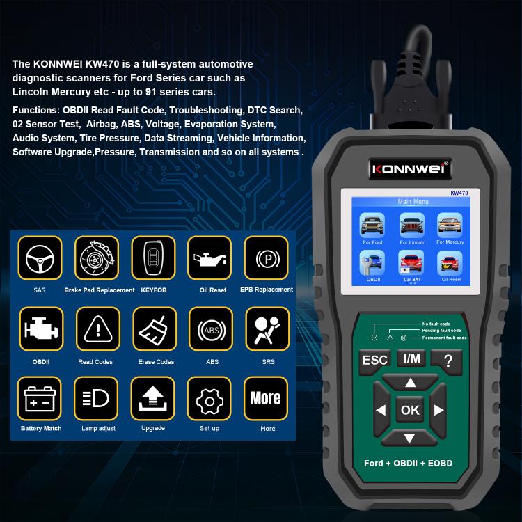 KONNWEI KW470 2.8 inch Color Screen Car OBD2 Fault Diagnostic Scan Tool for Ford(Black Green) - Code Readers & Scan Tools by KONNWEI | Online Shopping UK | buy2fix