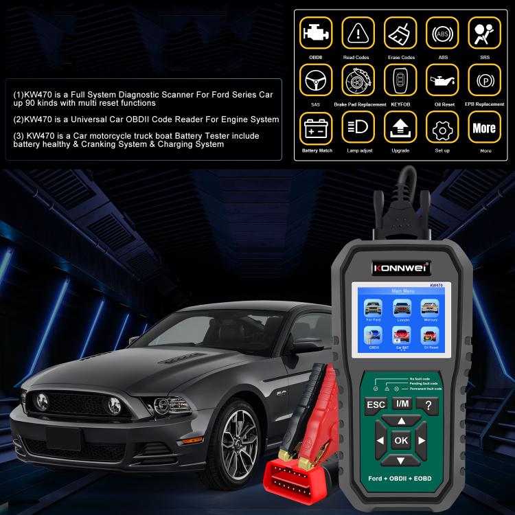 KONNWEI KW470 2.8 inch Color Screen Car OBD2 Fault Diagnostic Scan Tool for Ford(Black Green) - Code Readers & Scan Tools by KONNWEI | Online Shopping UK | buy2fix