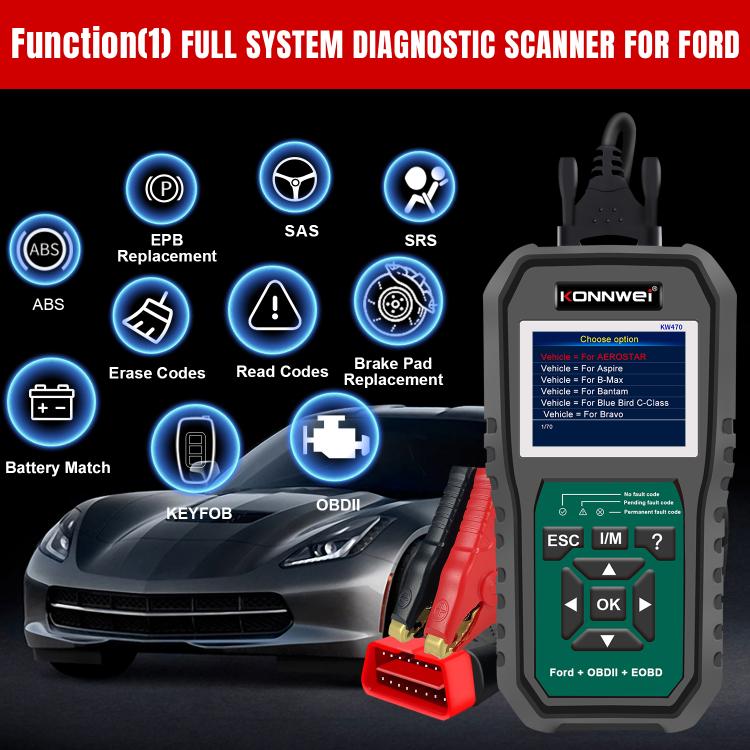 KONNWEI KW470 2.8 inch Color Screen Car OBD2 Fault Diagnostic Scan Tool for Ford(Black Green) - Code Readers & Scan Tools by KONNWEI | Online Shopping UK | buy2fix