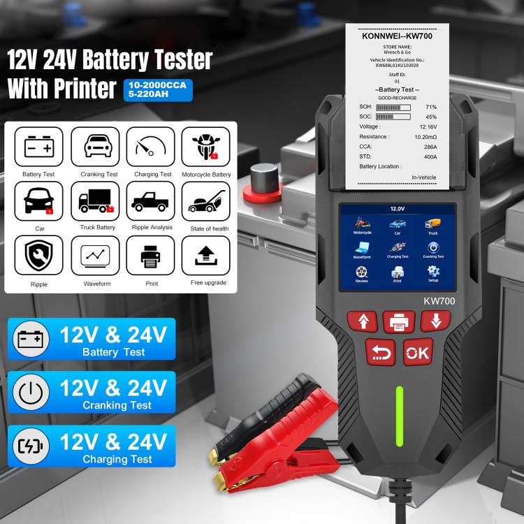 KONNWEI KW700 12V / 24V 2.8 inch Color Screen Car Battery Tester with Printer(Black) - Code Readers & Scan Tools by KONNWEI | Online Shopping UK | buy2fix