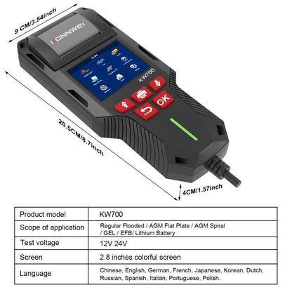 KONNWEI KW700 12V / 24V 2.8 inch Color Screen Car Battery Tester with Printer(Black) - Code Readers & Scan Tools by KONNWEI | Online Shopping UK | buy2fix