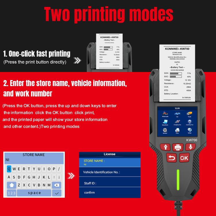 KONNWEI KW700 12V / 24V 2.8 inch Color Screen Car Battery Tester with Printer(Black) - Code Readers & Scan Tools by KONNWEI | Online Shopping UK | buy2fix