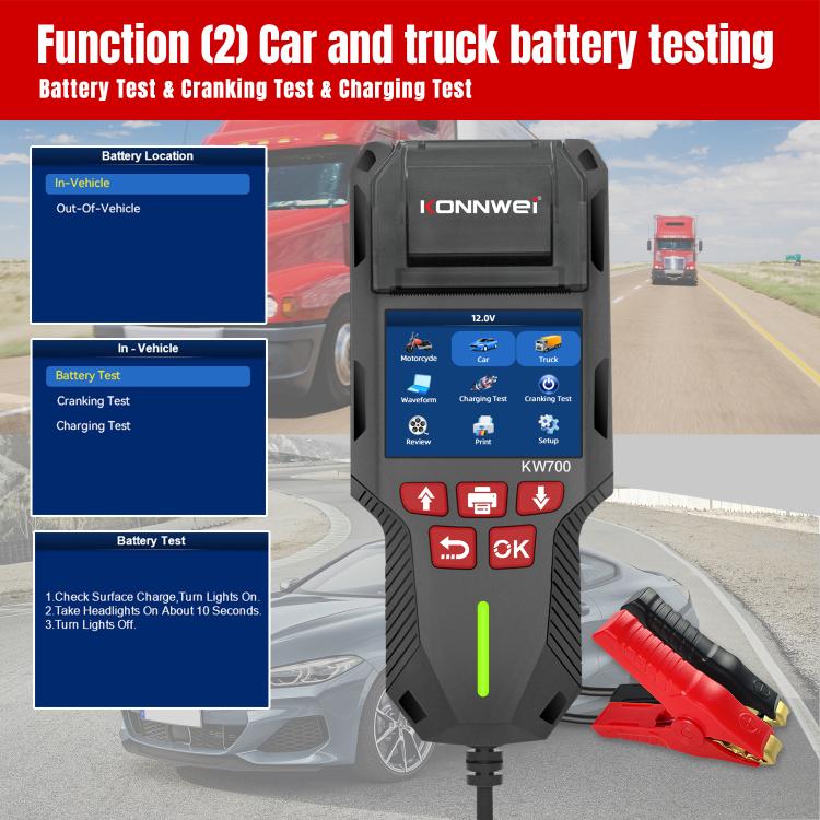 KONNWEI KW700 12V / 24V 2.8 inch Color Screen Car Battery Tester with Printer(Black) - Code Readers & Scan Tools by KONNWEI | Online Shopping UK | buy2fix