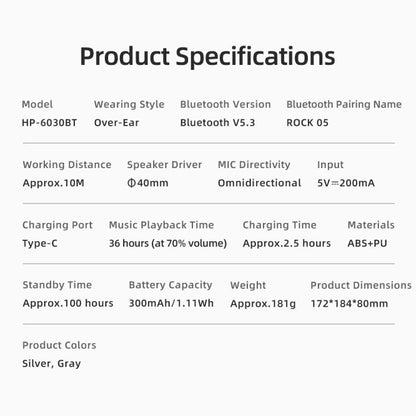 ROCK O5 Head-mounted Bluetooth 5.3 Wireless Headphones(Grey) - Headset & Headphone by ROCK | Online Shopping UK | buy2fix