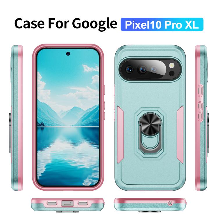 For Google Pixel 10 Pro XL Pioneer Armor Heavy Duty PC + TPU Phone Case with Holder(Green+Pink) - Google Cases by buy2fix | Online Shopping UK | buy2fix