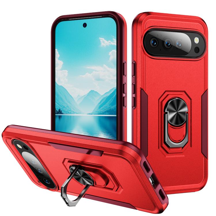 For Google Pixel 10 Pro Pioneer Armor Heavy Duty PC + TPU Phone Case with Holder(Red+Rose Red) - Google Cases by buy2fix | Online Shopping UK | buy2fix