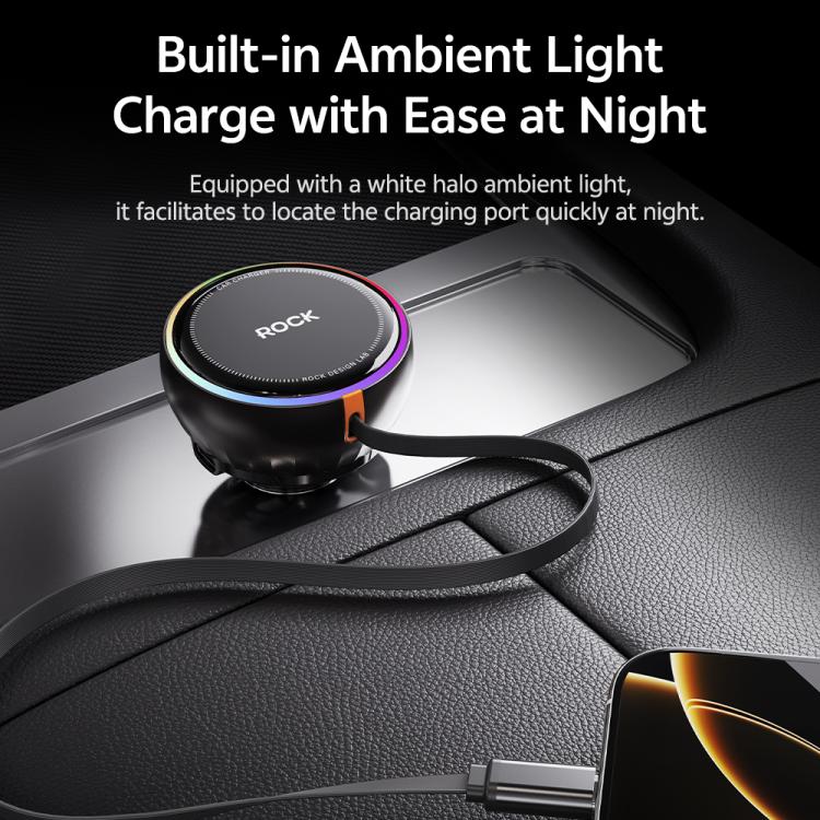ROCK H30 45W USB-A Type-C Ports Car Charger with Retractable Type-C Cable(Black) - Car Charger by ROCK | Online Shopping UK | buy2fix