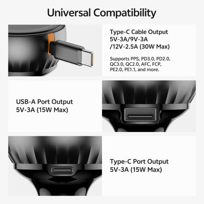 ROCK H30 45W USB-A Type-C Ports Car Charger with Retractable Type-C Cable(Black) - Car Charger by ROCK | Online Shopping UK | buy2fix