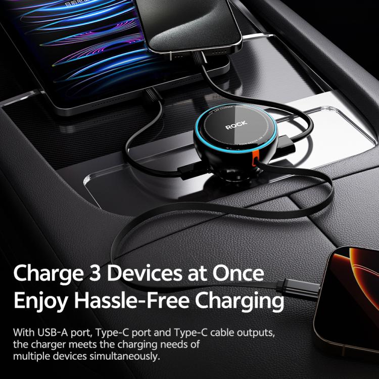 ROCK H30 45W USB-A Type-C Ports Car Charger with Retractable Type-C Cable(Black) - Car Charger by ROCK | Online Shopping UK | buy2fix