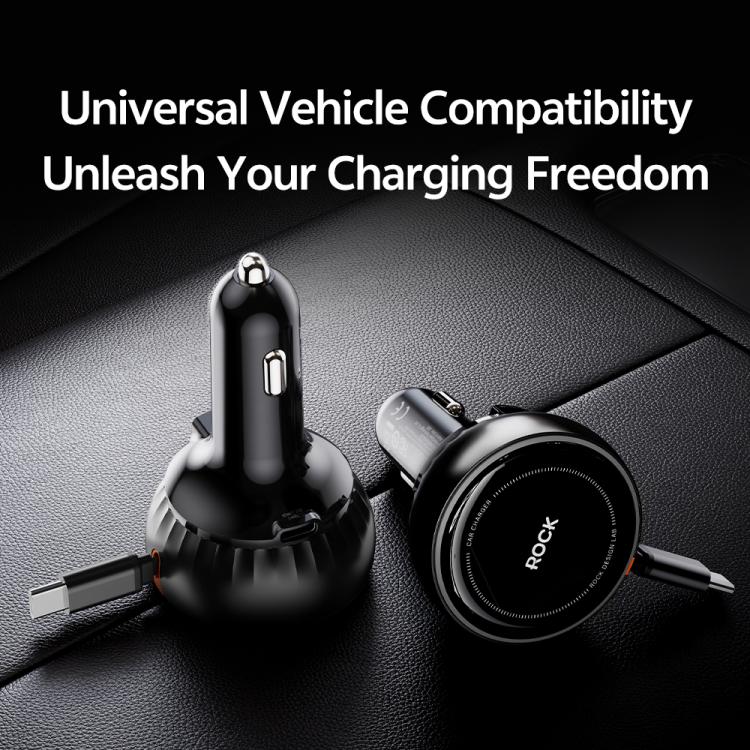 ROCK H30 45W USB-A Type-C Ports Car Charger with Retractable Type-C Cable(Black) - Car Charger by ROCK | Online Shopping UK | buy2fix