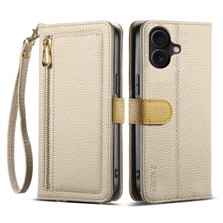 For iPhone 16 ESEBLE E11 Colorful Litchi Pattern Zipper Wallet Leather Phone Case(Khaki) - iPhone 16 Cases by ESEBLE | Online Shopping UK | buy2fix