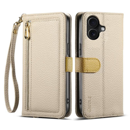 For iPhone 16 ESEBLE E11 Colorful Litchi Pattern Zipper Wallet Leather Phone Case(Khaki) - iPhone 16 Cases by ESEBLE | Online Shopping UK | buy2fix