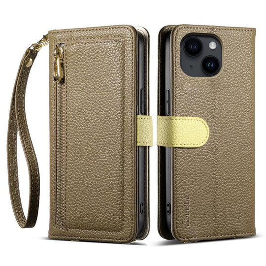 For iPhone 15 ESEBLE E11 Colorful Litchi Pattern Zipper Wallet Leather Phone Case(Amber Brown)