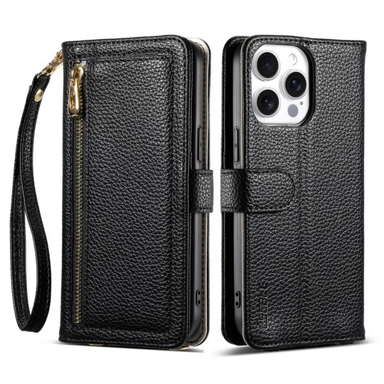 For iPhone 14 Pro Max ESEBLE E11 Colorful Litchi Pattern Zipper Wallet Leather Phone Case(Black)