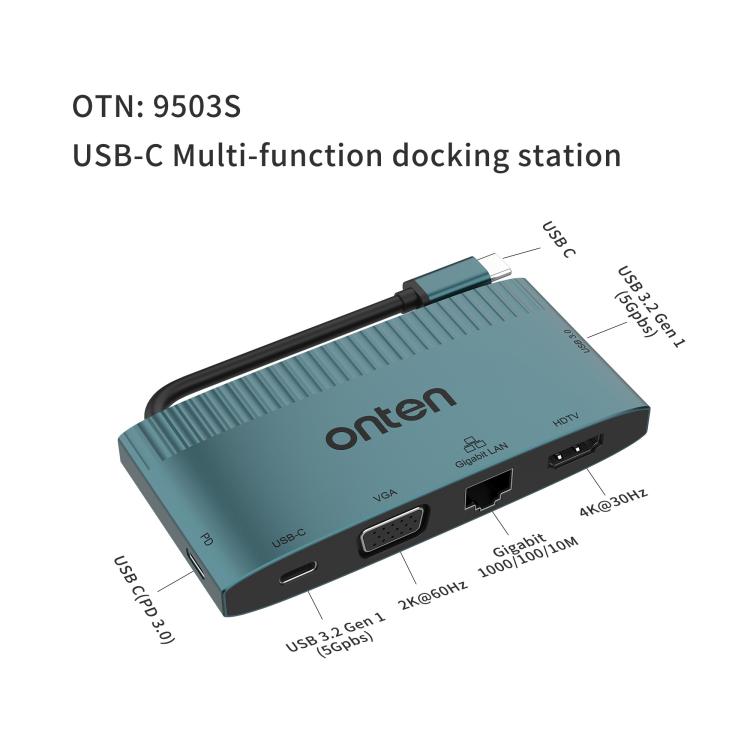 Onten 6 in 1 USB-C Multi-function Docking Station, HDTV+VGA+RJ45 Gigabit +USB-C Data +USB-C PD 3.0+USB 3.0(Green) - USB 3.0 HUB by Onten | Online Shopping UK | buy2fix