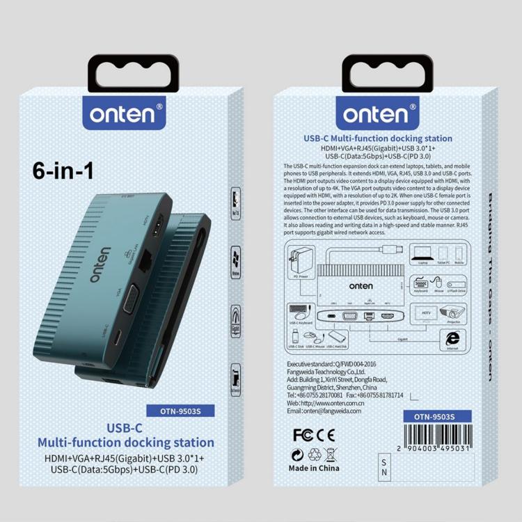 Onten 6 in 1 USB-C Multi-function Docking Station, HDTV+VGA+RJ45 Gigabit +USB-C Data +USB-C PD 3.0+USB 3.0(Green) - USB 3.0 HUB by Onten | Online Shopping UK | buy2fix