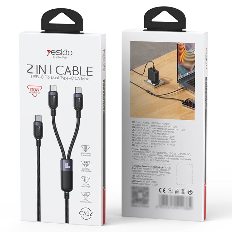Yesido CA92 100W 5A USB-C / Type-C to Dual Type-C 2 in 1 Charging Cable, Length:1.2m(Black) - USB-C & Type-C Cable by Yesido | Online Shopping UK | buy2fix