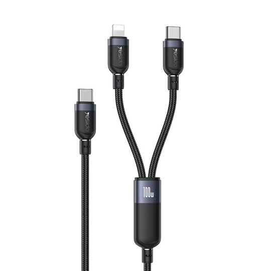 Yesido CA90 100W USB-C / Type-C to 8 Pin, Type-C 2 in 1 Charging Cable, Length:1.2m(Black)