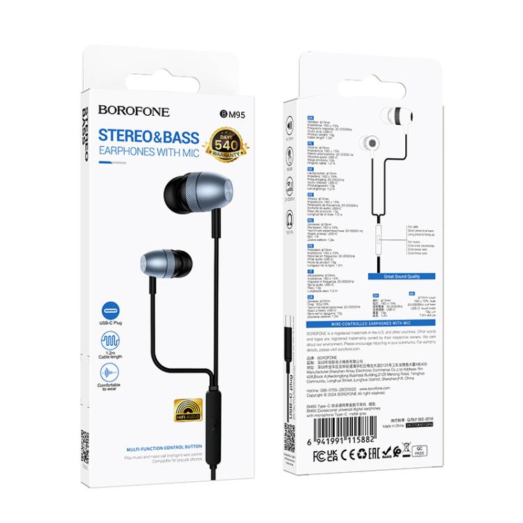 Borofone BM95 Excepcional Type-C Interface Universal Digital Wired Earphones with Microphone, Length: 1.2m(Metal Grey) - Normal Style Earphone by Borofone | Online Shopping UK | buy2fix