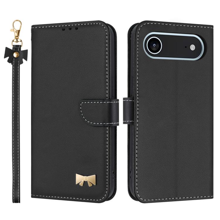 For iPhone Air Metal Bow Leather Phone Case with Hand Strap(Black) - iPhone Air Cases by buy2fix | Online Shopping UK | buy2fix