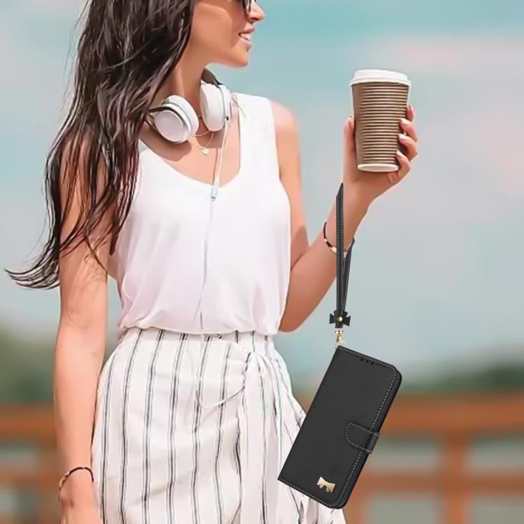 For iPhone Air Metal Bow Leather Phone Case with Hand Strap(Black) - iPhone Air Cases by buy2fix | Online Shopping UK | buy2fix