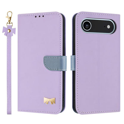 For iPhone Air Metal Bow Leather Phone Case with Hand Strap(Purple) - iPhone Air Cases by buy2fix | Online Shopping UK | buy2fix