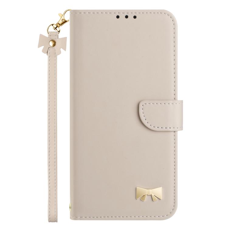 For iPhone Air Metal Bow Leather Phone Case with Hand Strap(Apricot) - iPhone Air Cases by buy2fix | Online Shopping UK | buy2fix