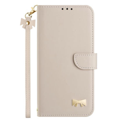 For iPhone Air Metal Bow Leather Phone Case with Hand Strap(Apricot) - iPhone Air Cases by buy2fix | Online Shopping UK | buy2fix