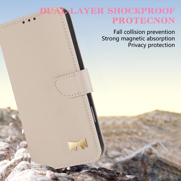 For iPhone Air Metal Bow Leather Phone Case with Hand Strap(Apricot) - iPhone Air Cases by buy2fix | Online Shopping UK | buy2fix