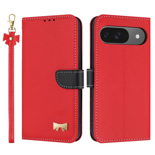 For Google Pixel 10 Pro / 9 Pro Metal Bow Leather Phone Case with Hand Strap(Red) - Google Cases by buy2fix | Online Shopping UK | buy2fix