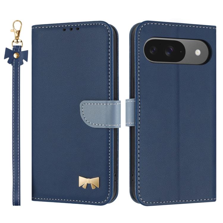 For Google Pixel 10 Pro / 9 Pro Metal Bow Leather Phone Case with Hand Strap(Dark Blue) - Google Cases by buy2fix | Online Shopping UK | buy2fix