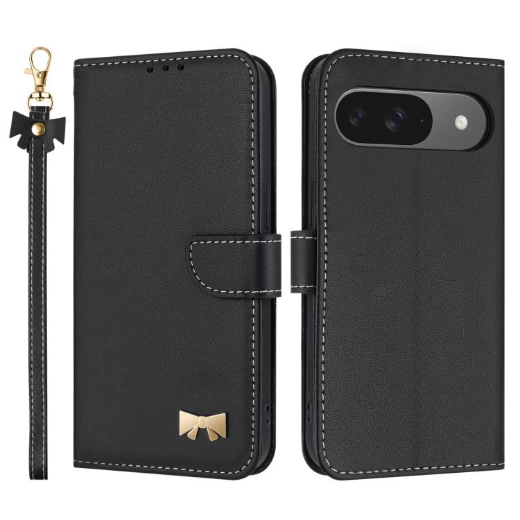 For Google Pixel 10 Pro / 9 Pro Metal Bow Leather Phone Case with Hand Strap(Black) - Google Cases by buy2fix | Online Shopping UK | buy2fix