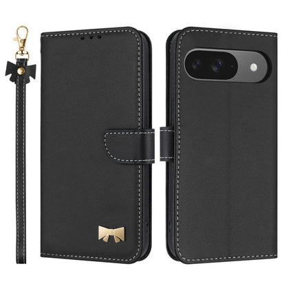 For Google Pixel 10 Pro / 9 Pro Metal Bow Leather Phone Case with Hand Strap(Black) - Google Cases by buy2fix | Online Shopping UK | buy2fix